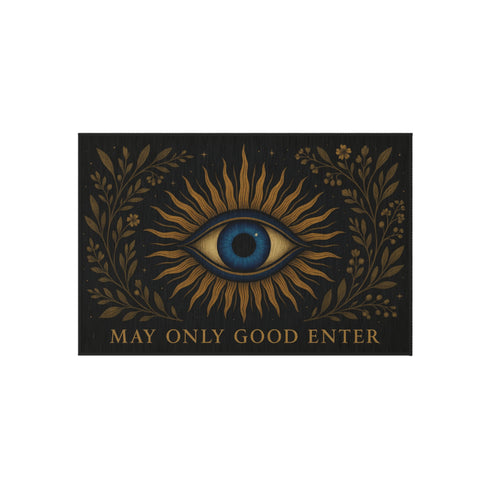 Woven doormat with non-slip backing, featuring a blue evil eye at center surrounded by golden botanical rays and the phrase "May Only Good Enter" along the edge, made of soft 100% polyester chenille with a smooth plush pile, 24x36 inches in size, designed for witchy or spiritual home décor and entry protection.